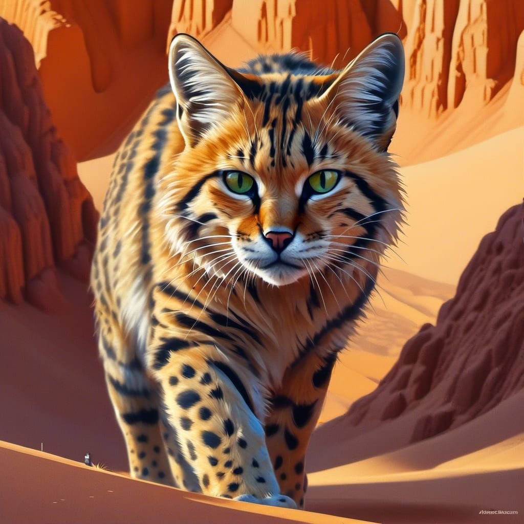Hyperrealistic Sandcat in Desert Landscape