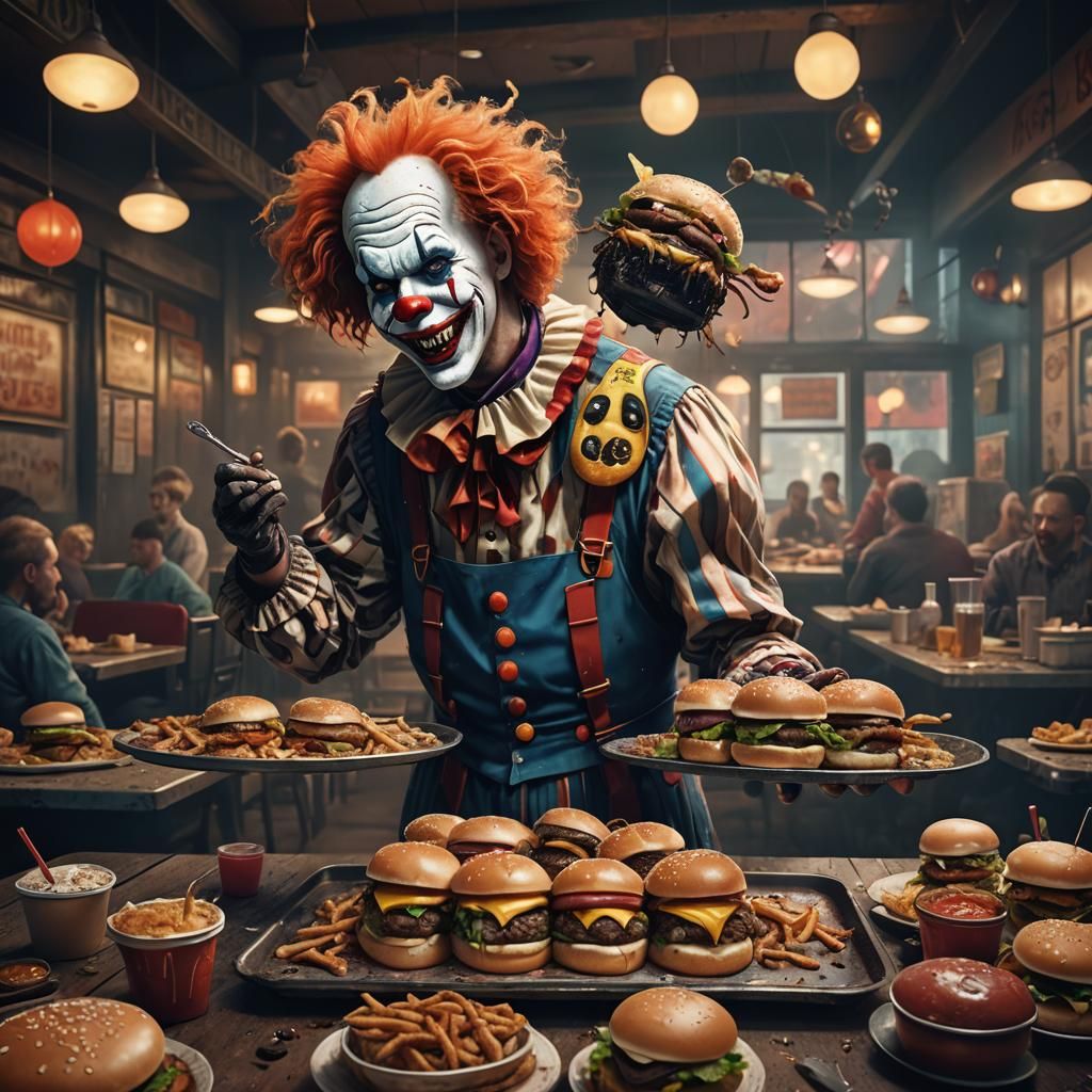 Creepy Clown with Bug Burgers: Digital Matte Painting