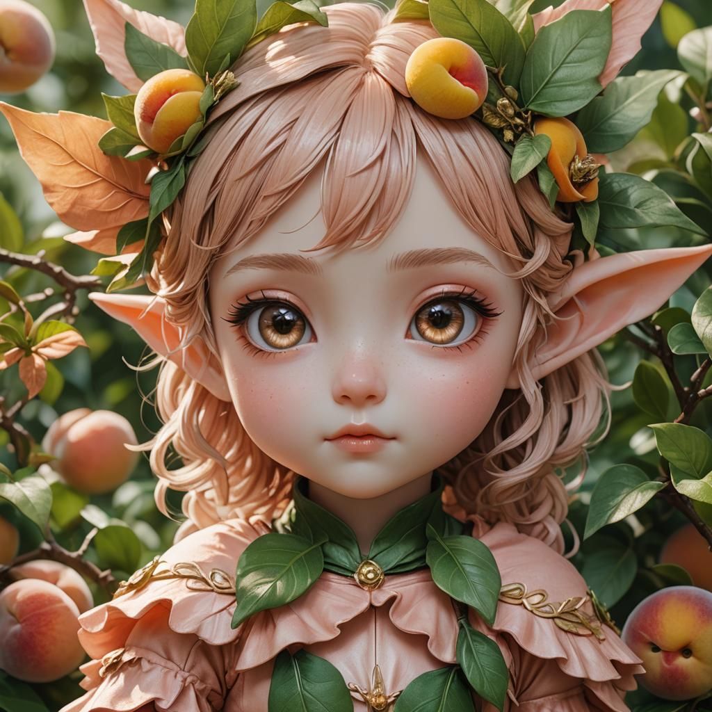 Peach-Chibi Pixie: Hyperrealistic Close-Up in Retro Anime St...