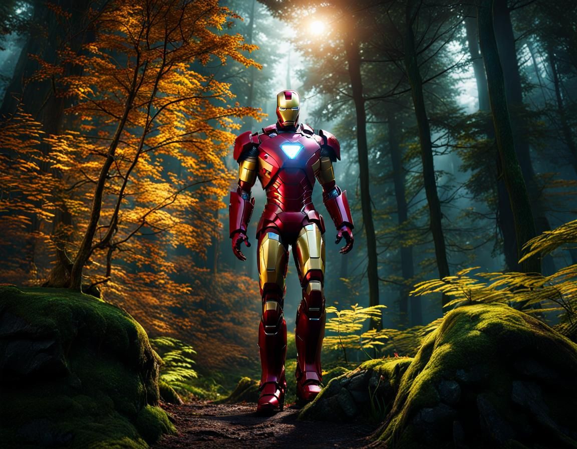 Iron Man Lost in Sinister Forest: Cinematic Composition