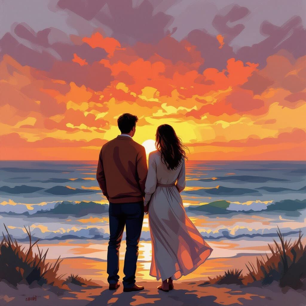 Couple Watches Ocean Sunset in Expressive Gouache Style