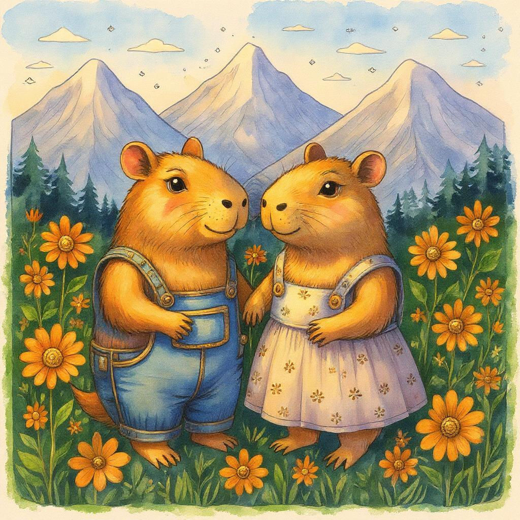 Capybaras in a Sanrio-esque Pencil Drawing