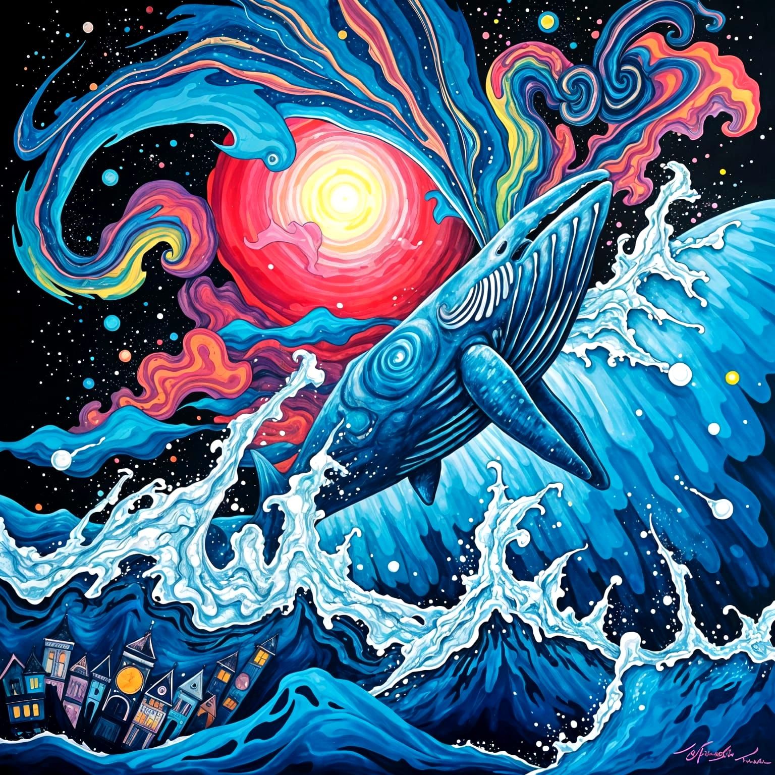 Psychedelic Whale in Aurora Borealis, Expressionist Painting