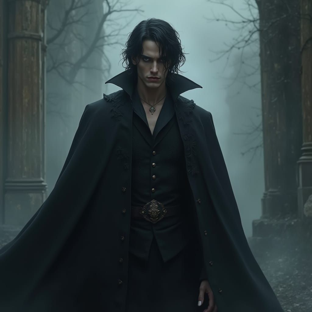 Mysterious Dark-Haired Vampire in Haunting Atmosphere