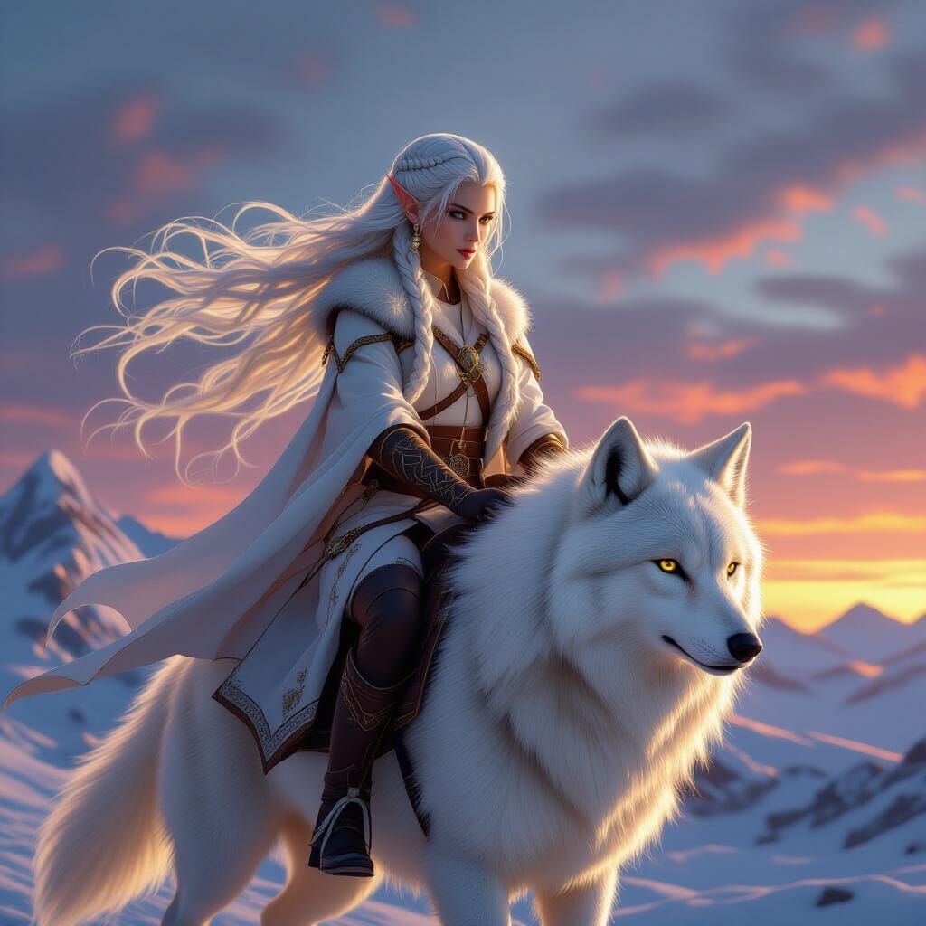 Elf Woman Riding Glowing Wolf Under Golden Hour Skies