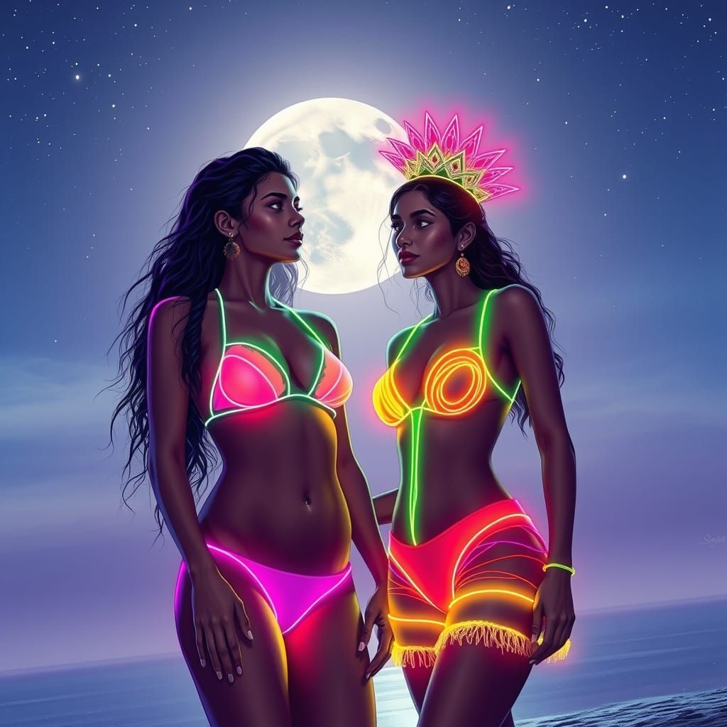 Two Indian Women Unite Under Neon-Lit Moonlight