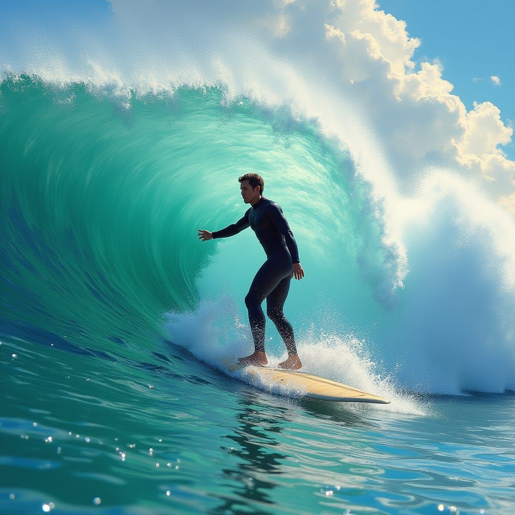 Surfer Rides a Giant Wave: Vibrant Seaside Art