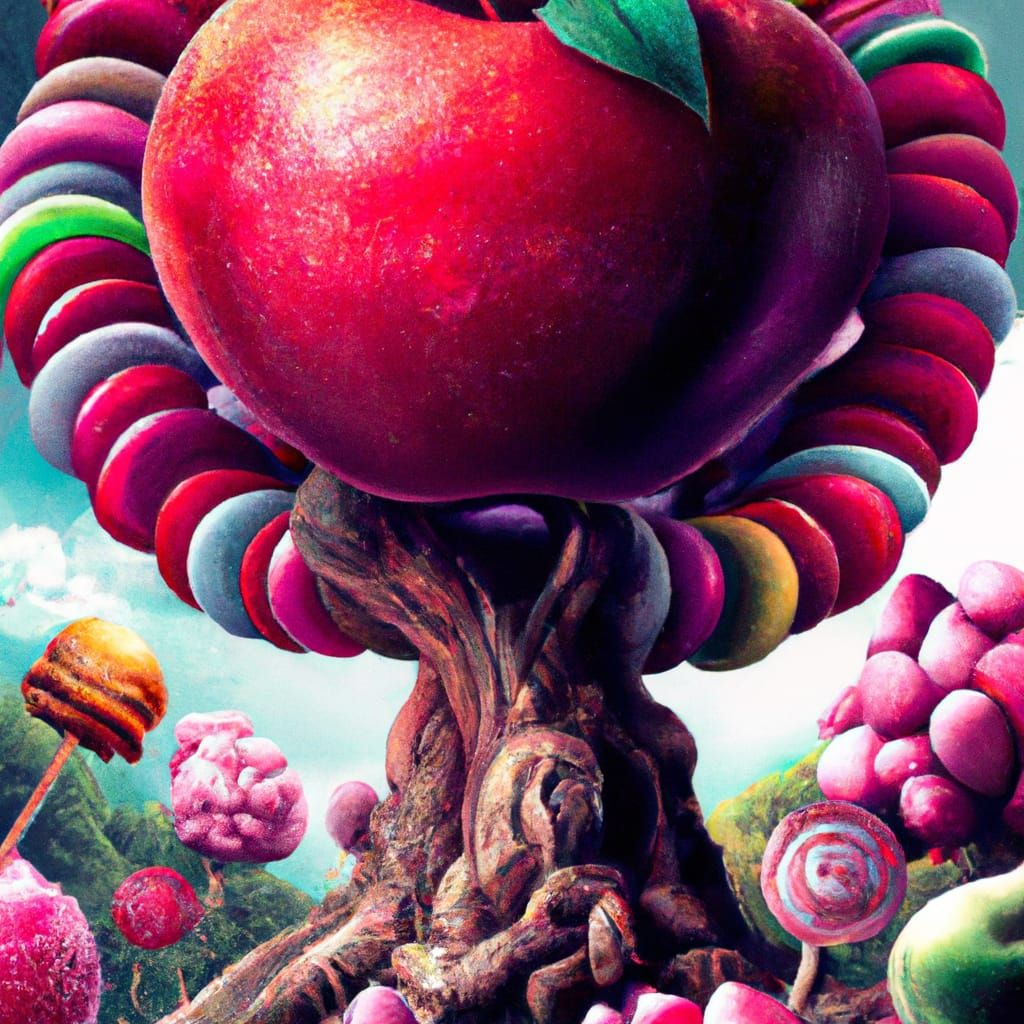 Candy Apple Tree in Hyperrealistic Digital Illustration