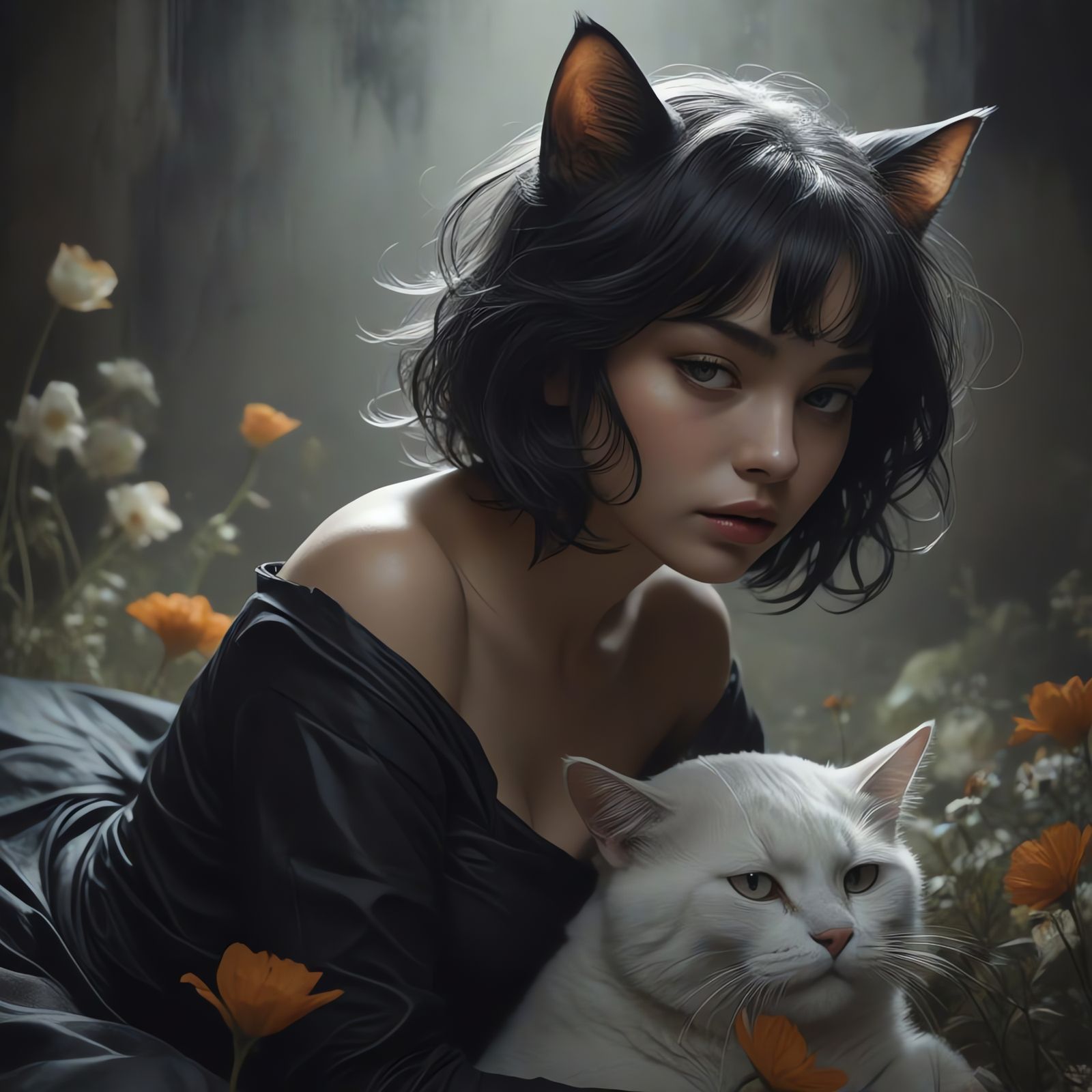 Whimsical Catwoman in a Melodic Repose