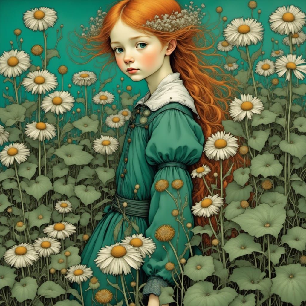 Whimsical Portrait of a Girl in a Floral Wonderland, in a Dr...