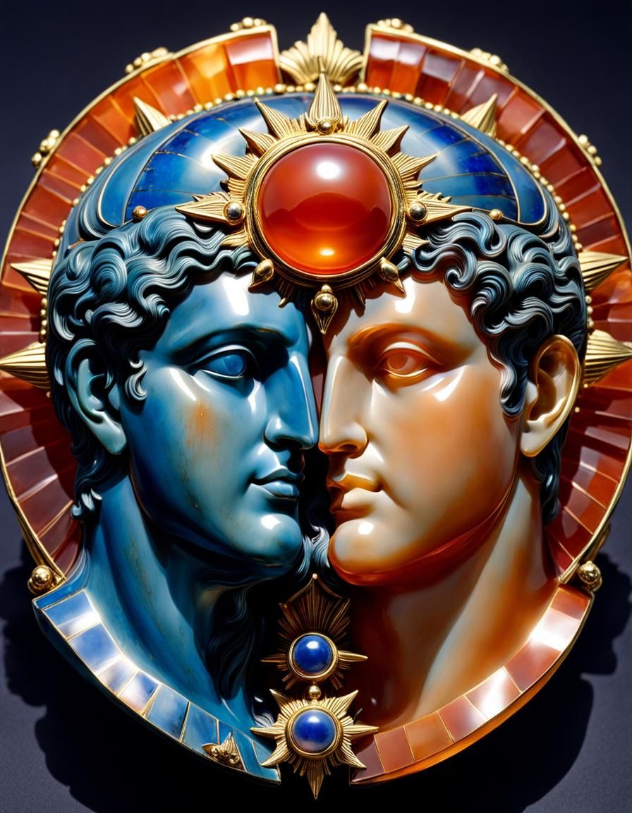 Ornate Two-Faced Janus Head with Sunburst