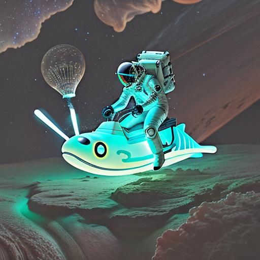 astronaut  riding a bio-luminescent slug with a saddle