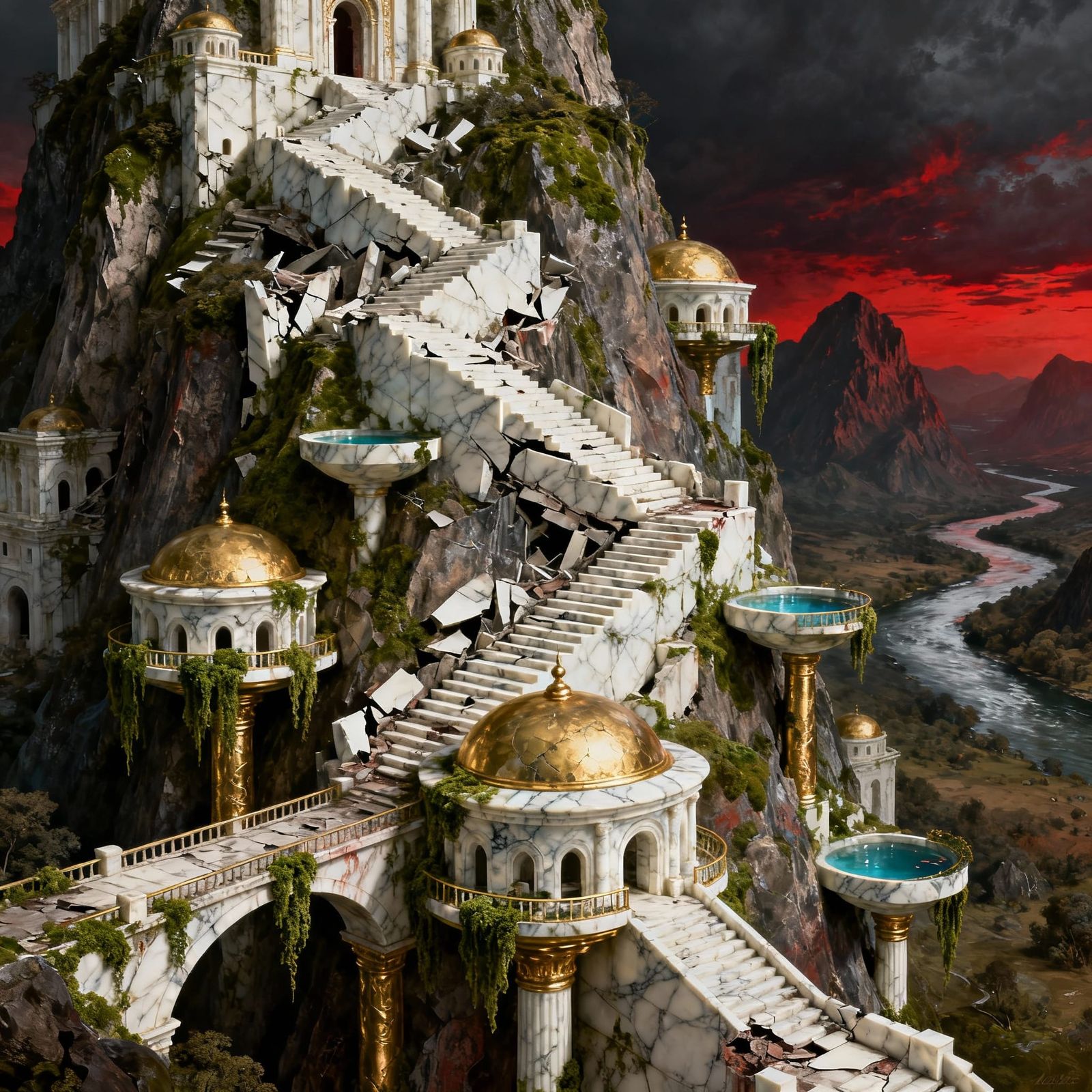 Crumbling Temple City Cascading Down Mountain