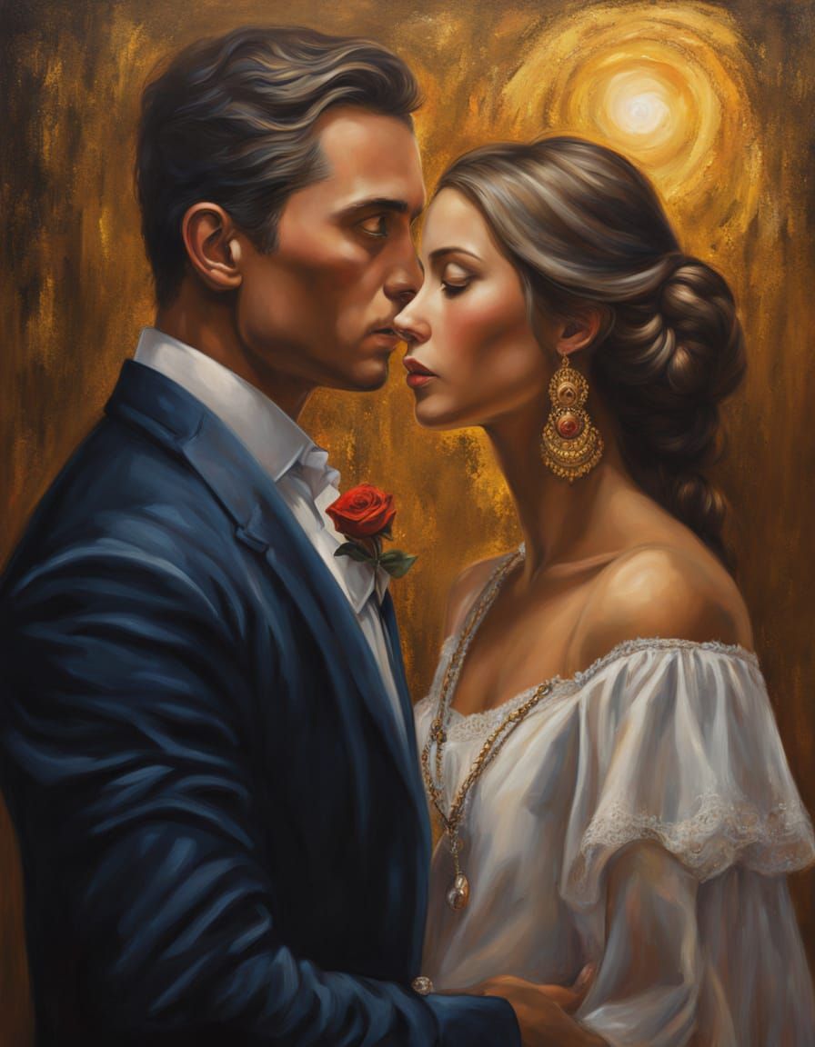 Forbidden Glance: Hyperrealistic Oil Painting of Secret Love