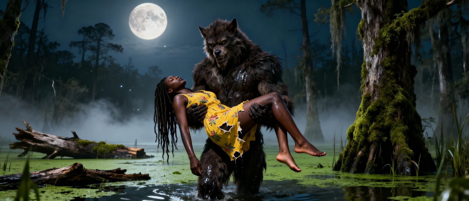 Werewolf Carries Woman Through Misty Swamp