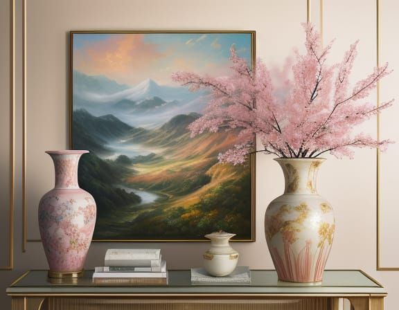 Pink Porcelain Vase Against Landscape, Oil Painting Style