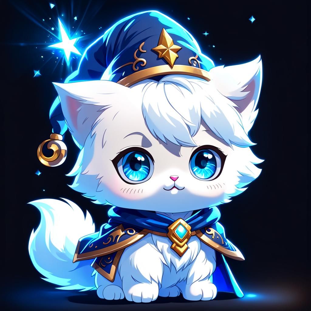 Chibi Wizard Cat with Blue Eyes and Sparkles