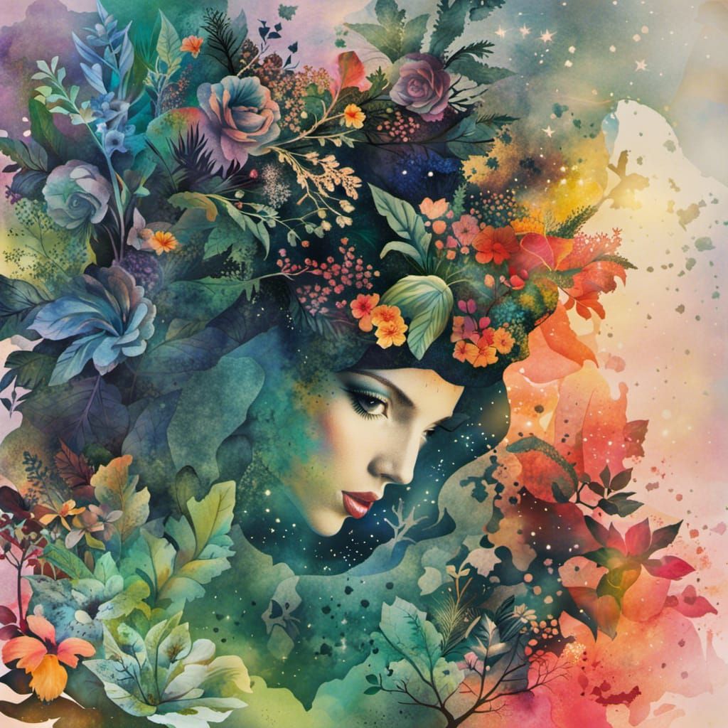 Spray Paint Collage of Woman, Plants, and Space