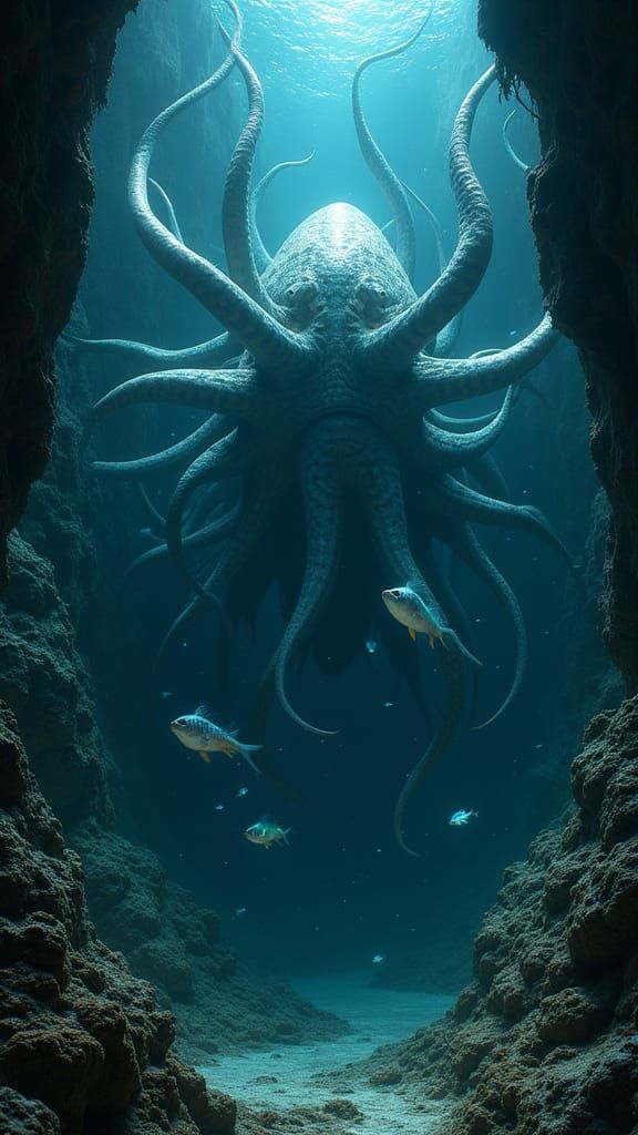 Ethereal Sea Monster Illuminates Underwater Cavern with Irid...