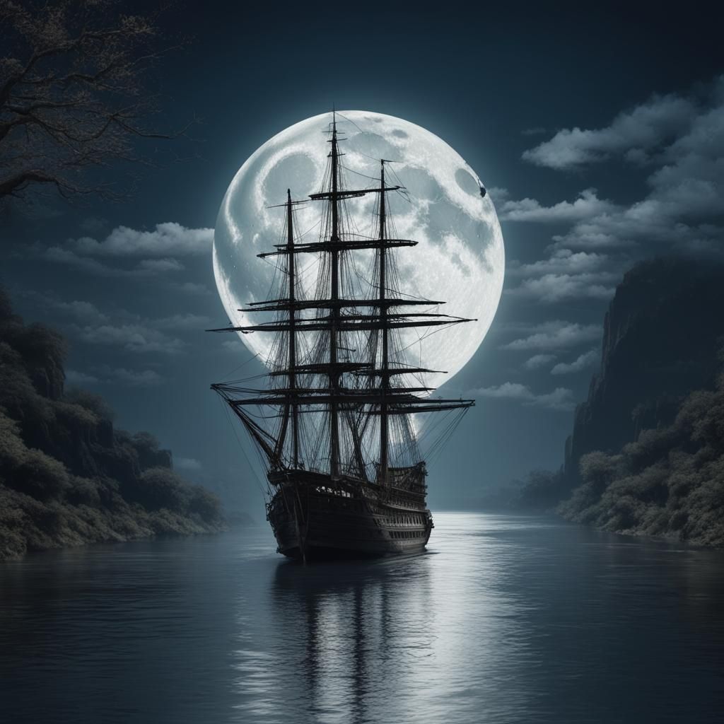 Ghostly Ship Under Moonlight: A Dramatic River Scene