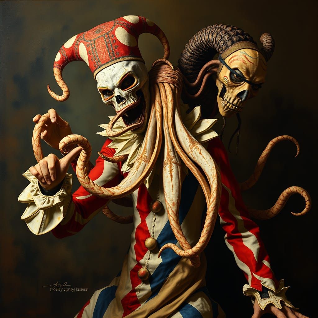 Surreal Harlequin-Squid Hybrid Dance in Oil