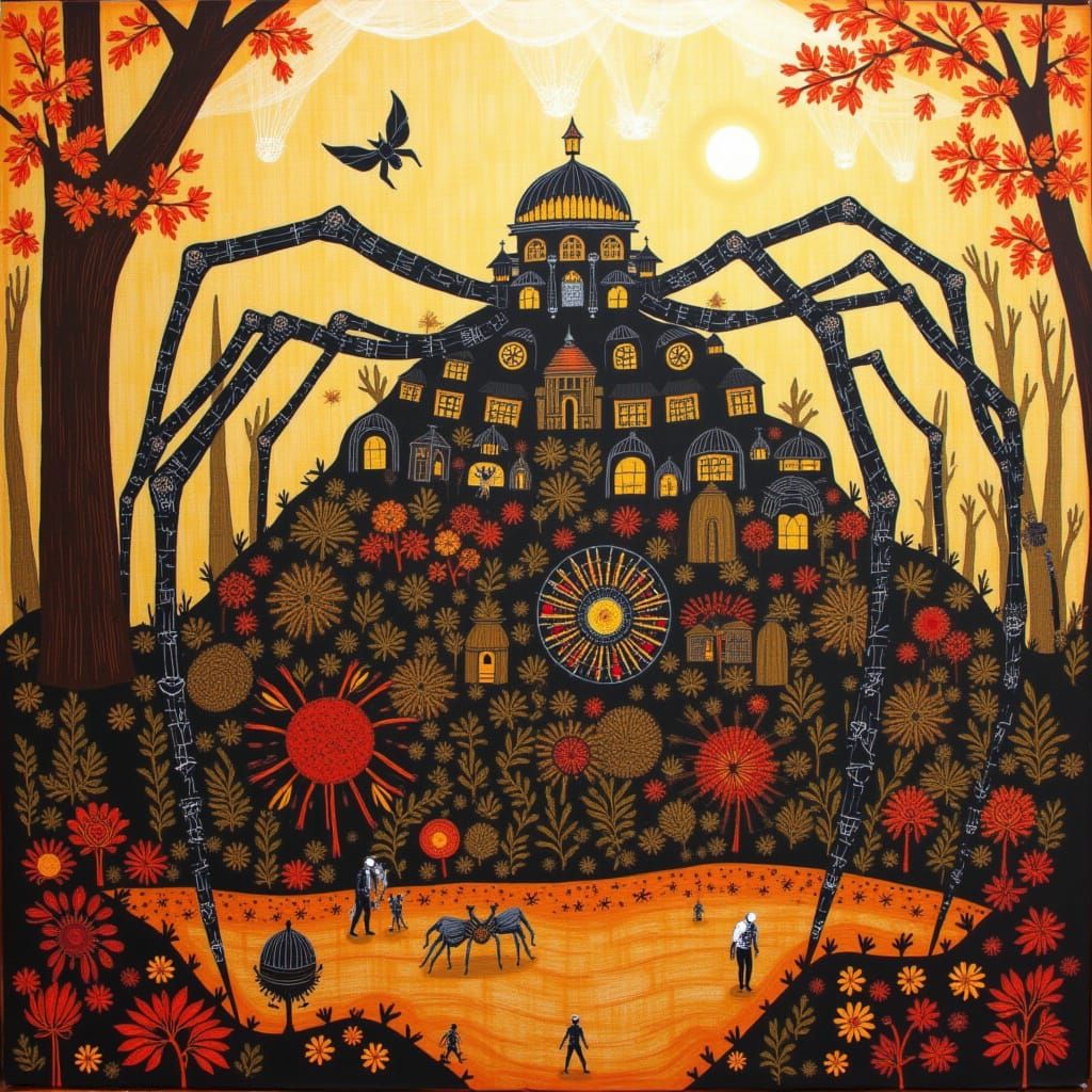 Miniature Spider City in Autumn Leaves
