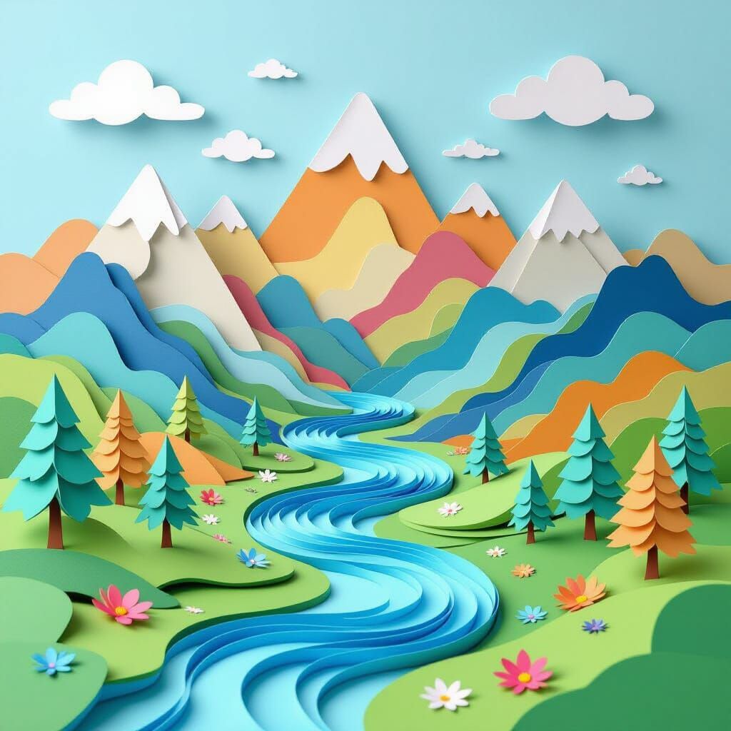 Surreal Paper Landscape in Children's Pop-Up Book Style