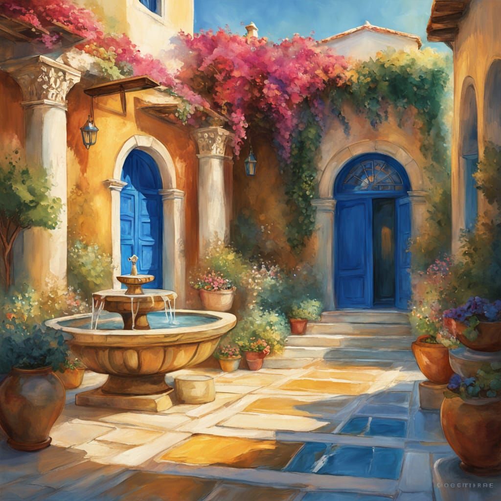 Idyllic Greek Courtyard with Fountain in Oil Painting Style