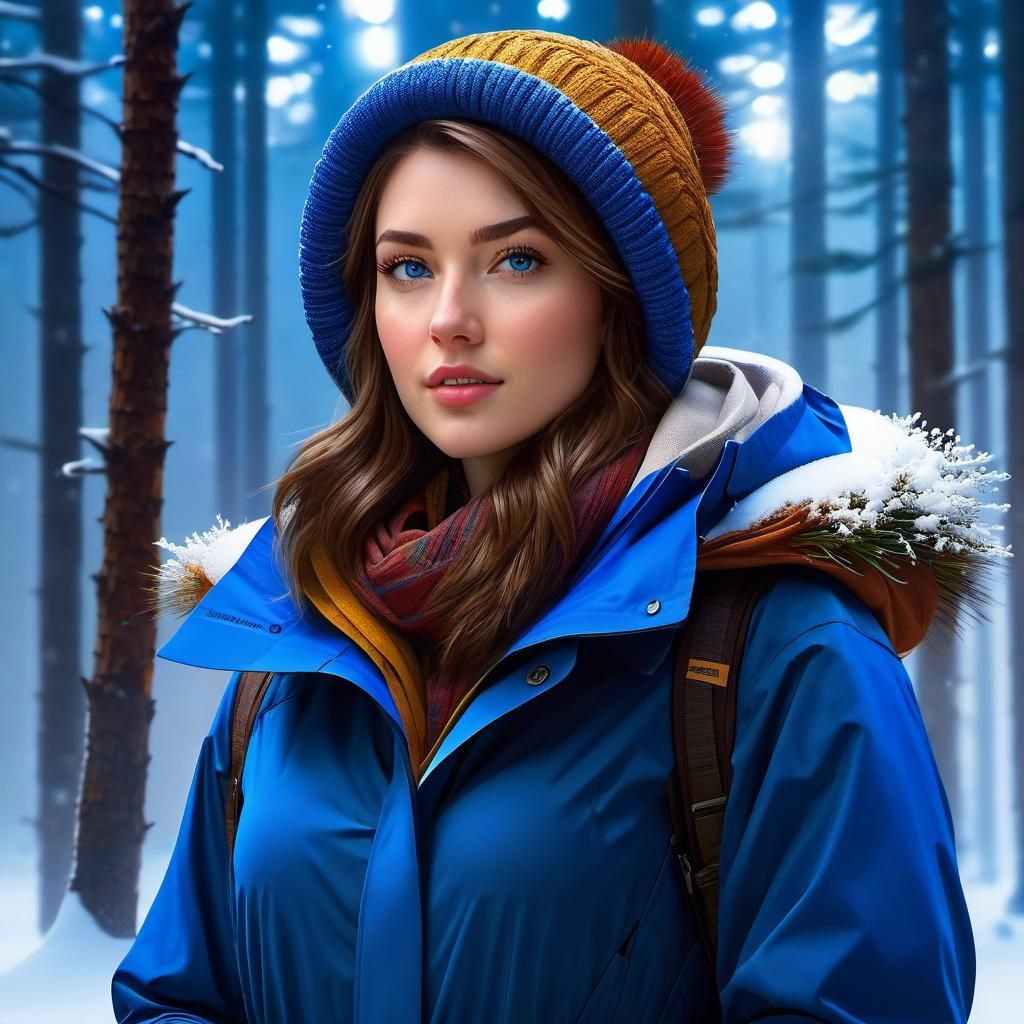 College Student in Winter Forest, Rembrandt Lighting