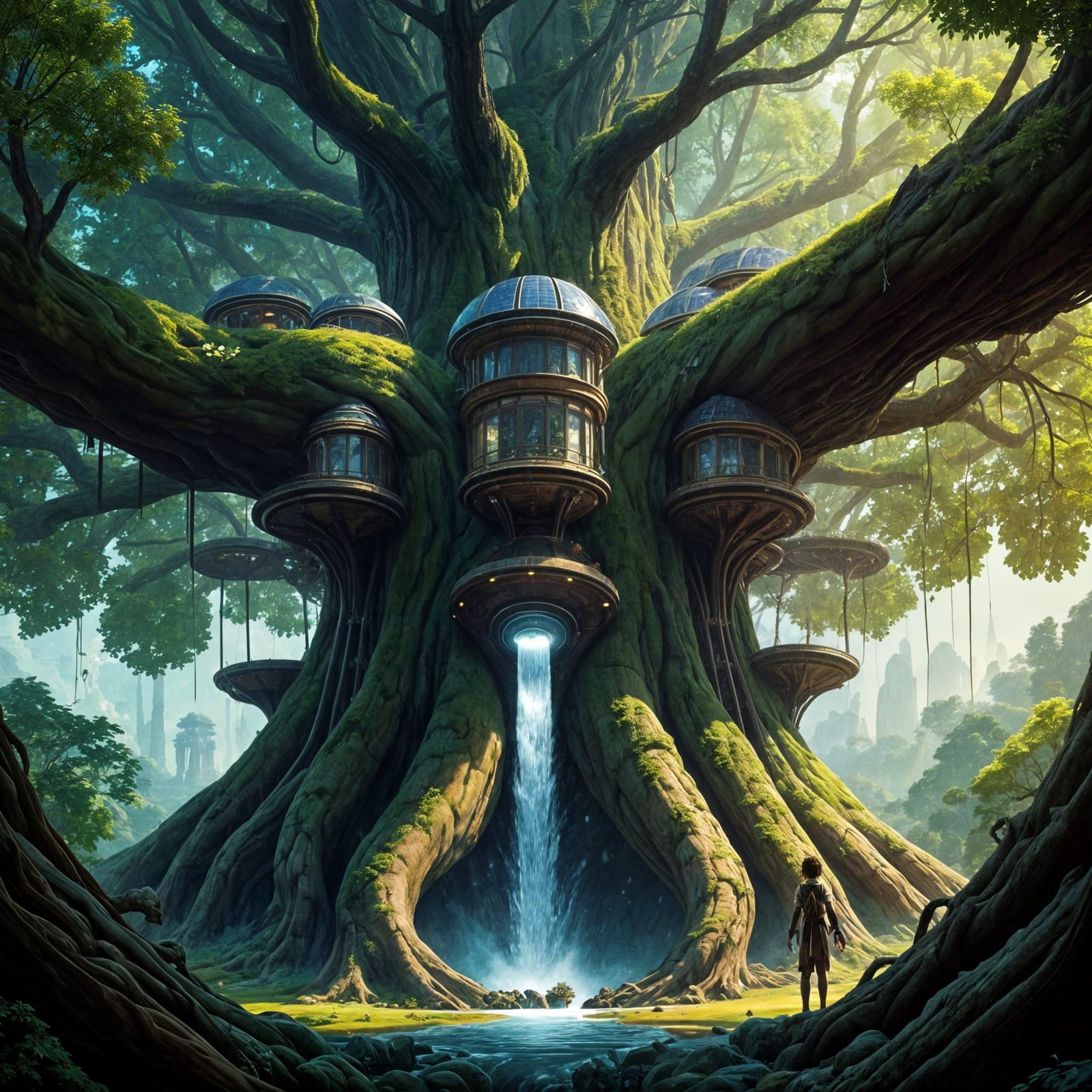 Solarpunk Treehomes in Vibrant, Painterly Style