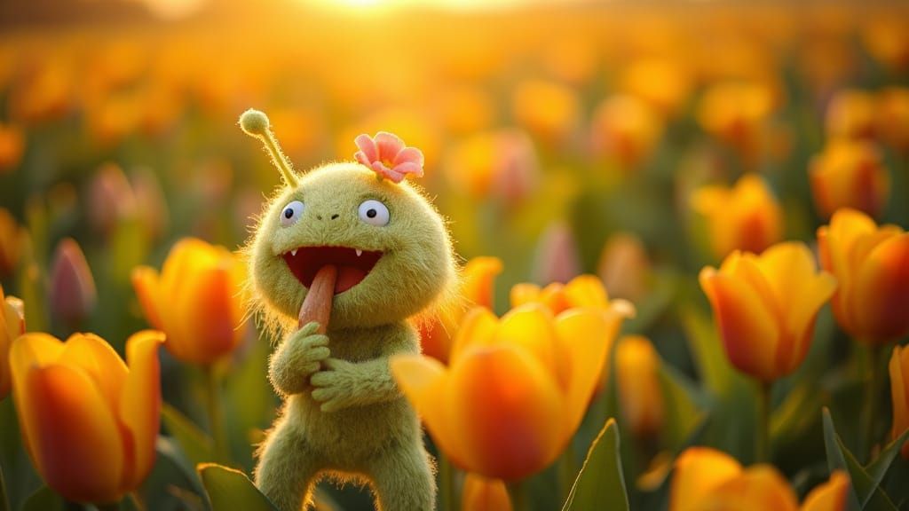 Cute Green Plush Monster Eating Tulip in Golden Hour