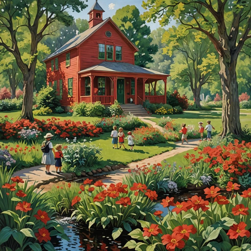 Whimsical Schoolhouse Scene with Plant Children