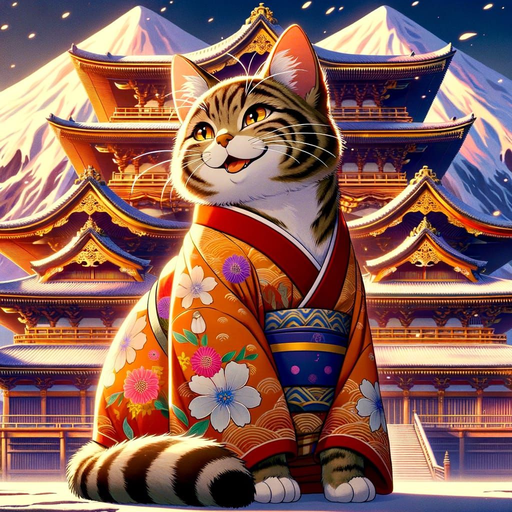Regal Tabby Cat in Kimono with Temple Backdrop