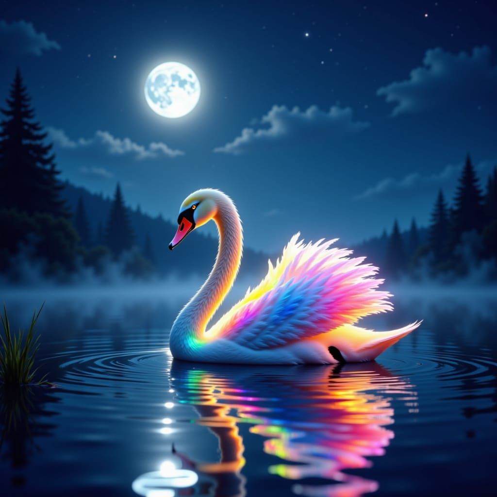Majestic Rainbow Swan on Reflective Moonlit Lake