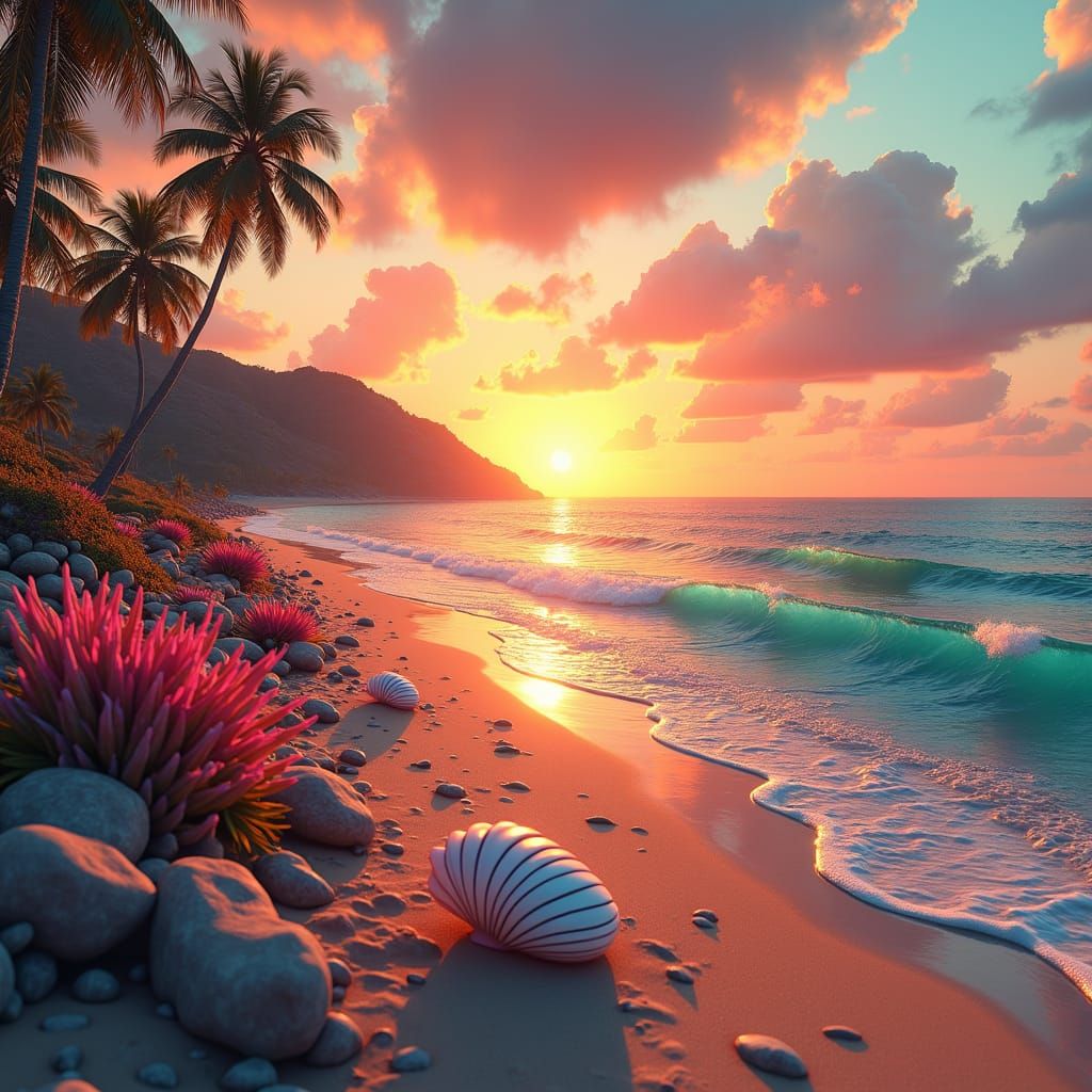 Surreal Sunset Beach with Alien Flora