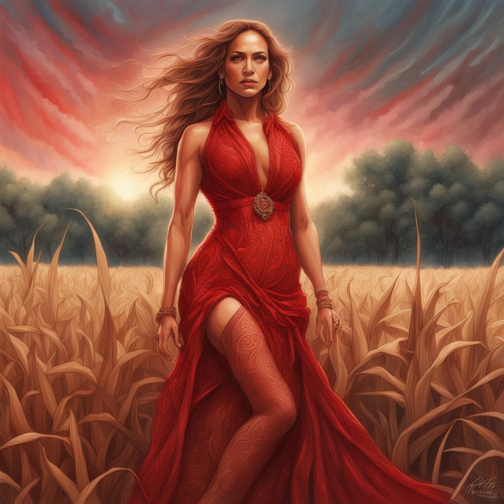 Woman in Red Dress in Cornfield, Ethereal Art
