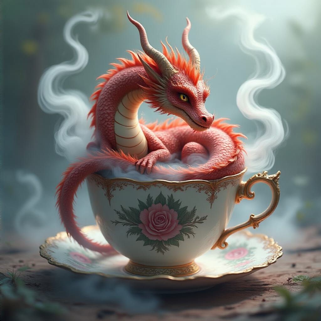 Dragon in Teacup: Whimsical Digital Art