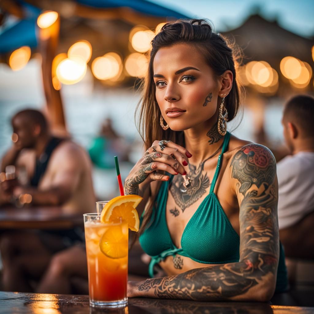 Tattooed Woman Enjoys Cocktail at Beach Bar