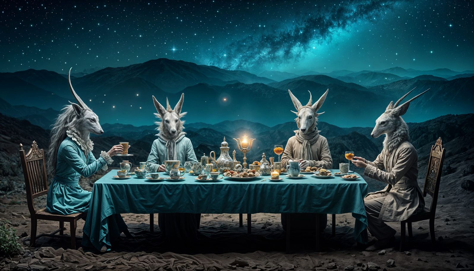Mystical Tea Party Under Celestial Sky: Surrealist Artwork