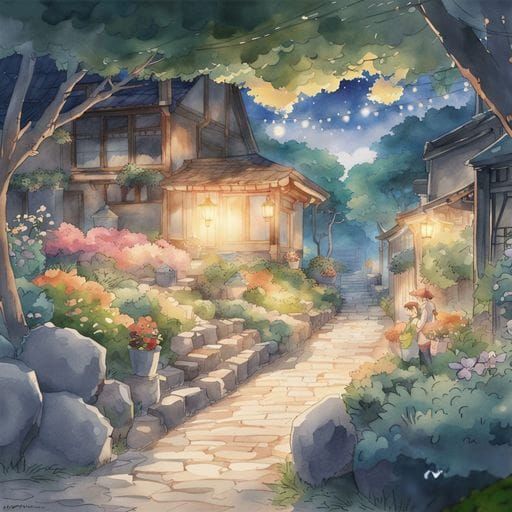 Romantic Garden Path: Anime Watercolor Painting
