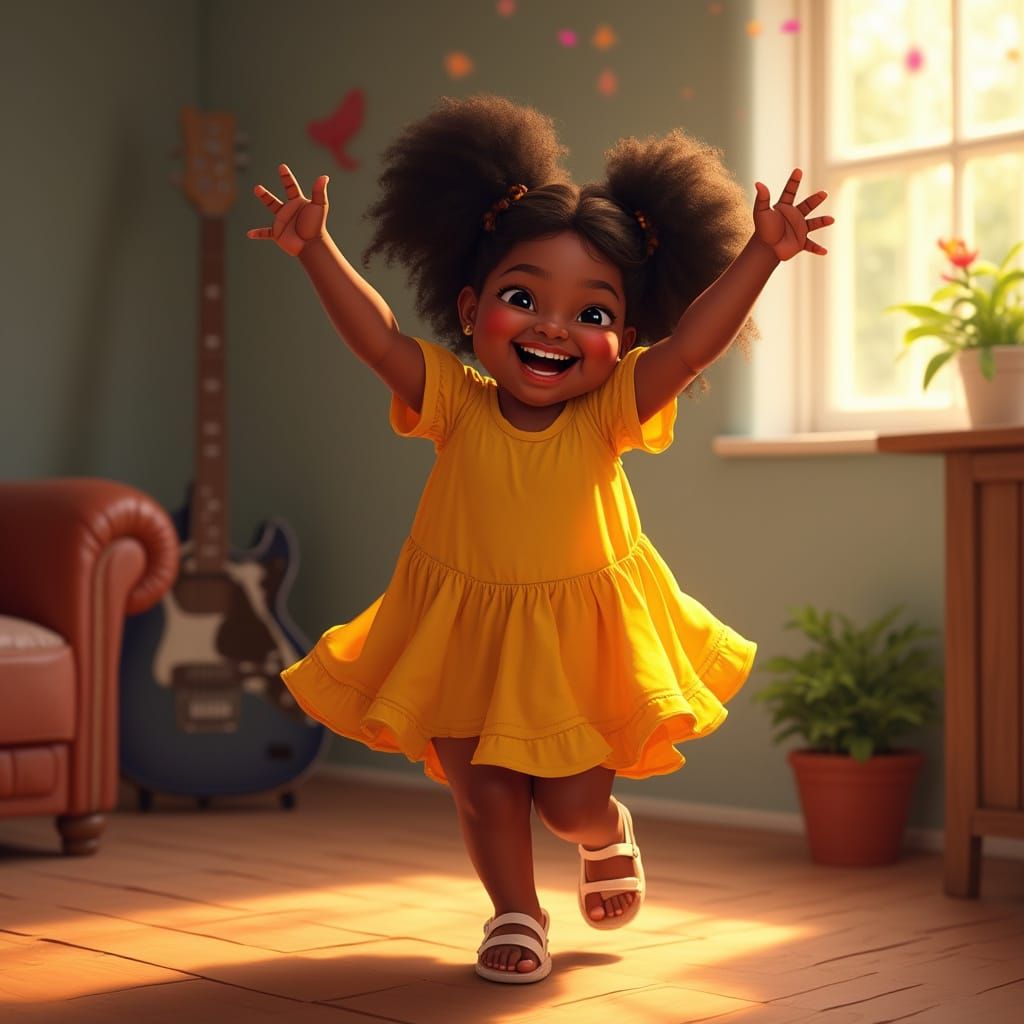 Joyful Fat Black Girl Dancing in Family Living Room with Vib...