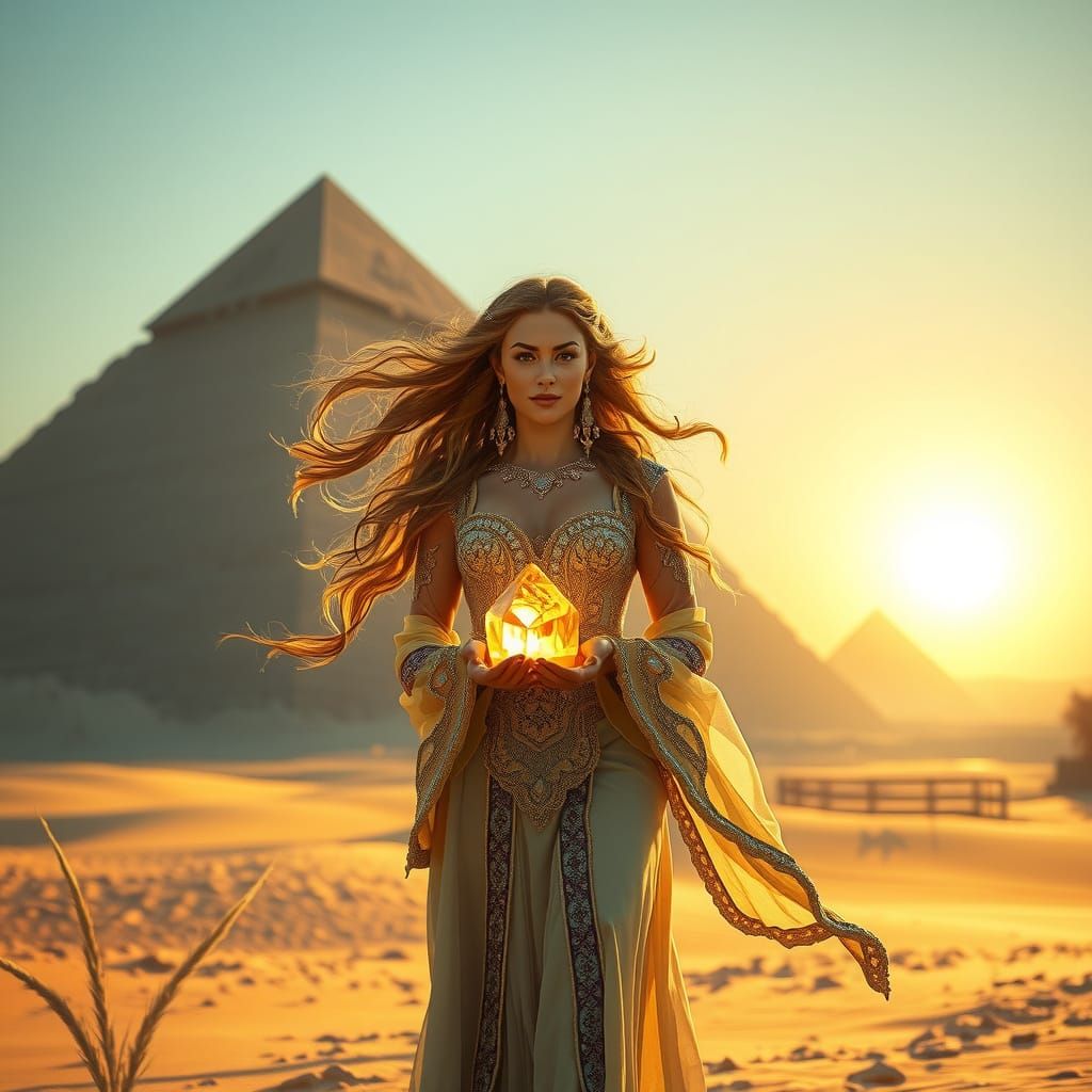 Ethereal Woman Before Ancient Pyramid with Luminous Crystal