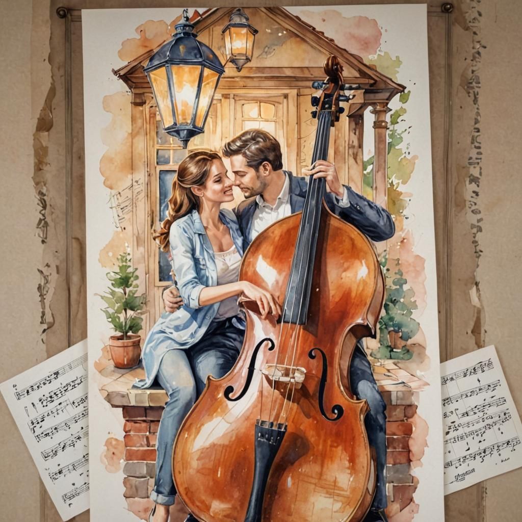 Loving Couple Painted on Double Bass in Watercolor