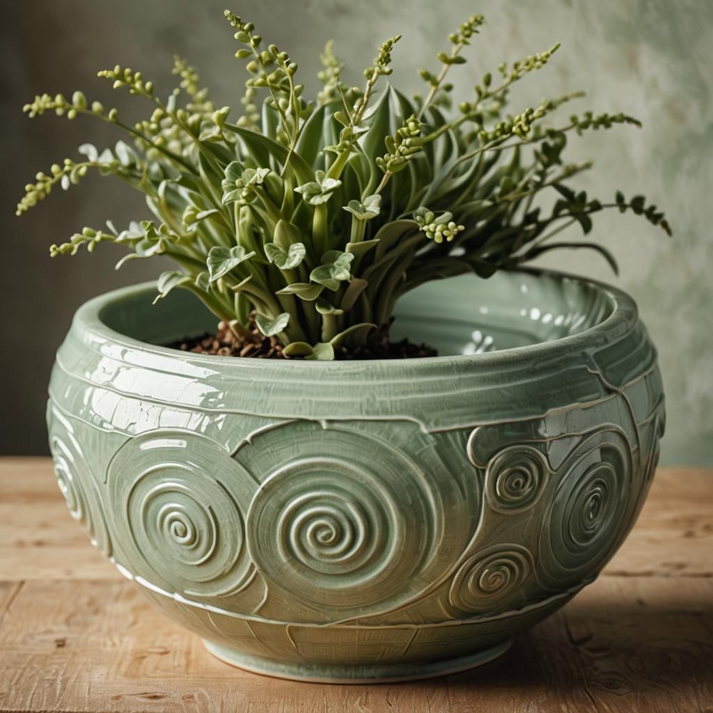 Celadon Porcelain Spiral Planter in Soft Natural Light