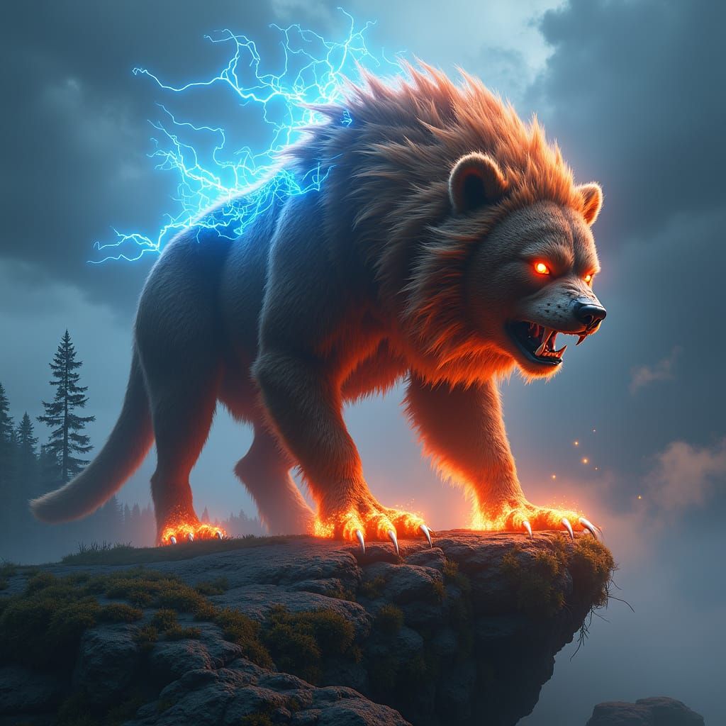 Fearsome Bear-Lion-Wolf Chimera in Digital Art Style