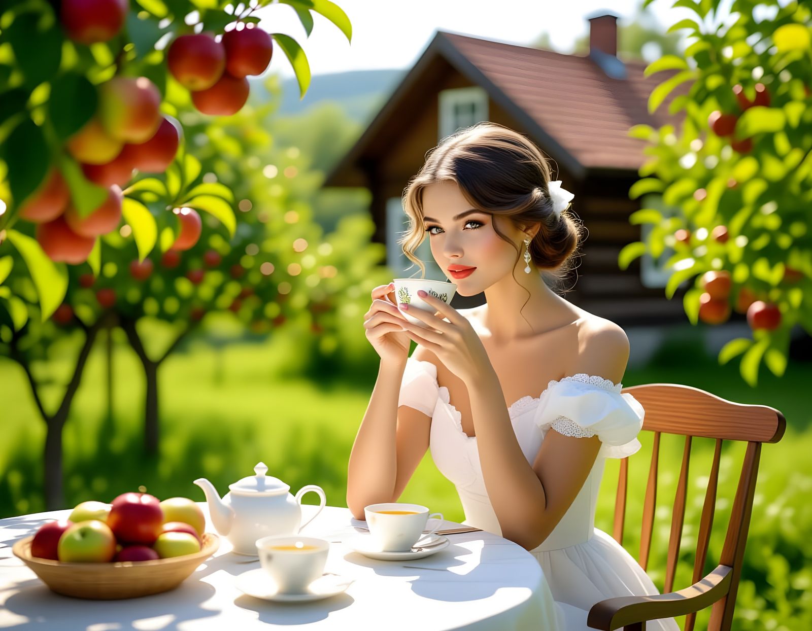 August Garden Scene with Girl Drinking Tea