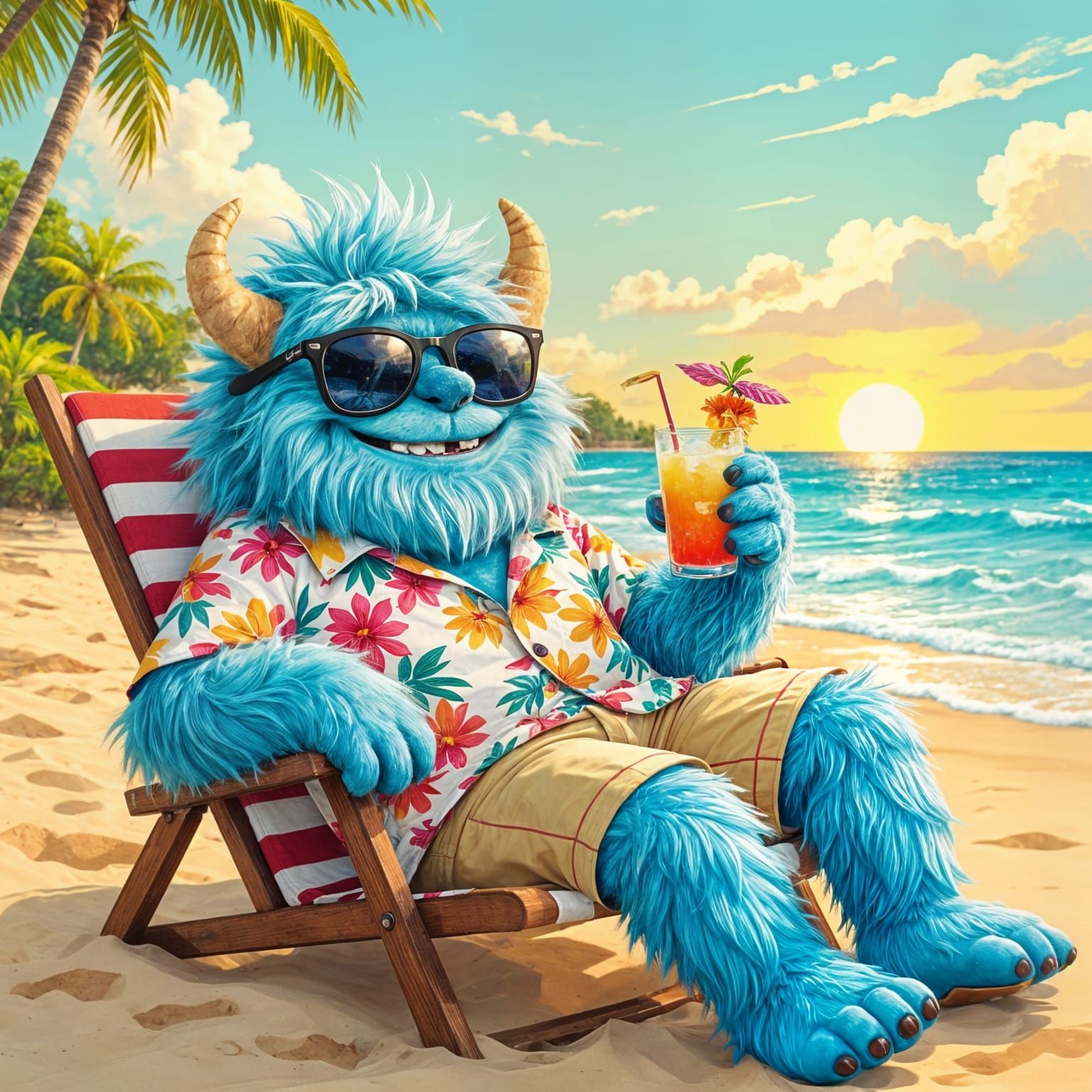 Happy Furry Monster Relaxing on Hawaiian Beach