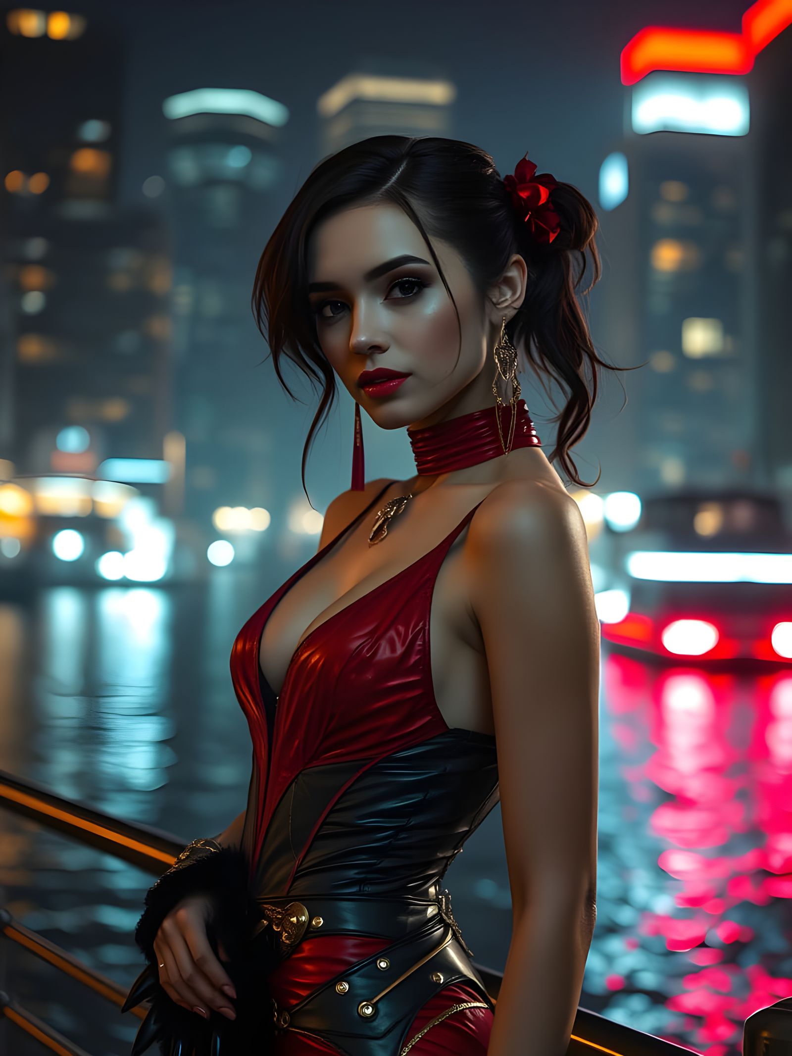 Cyberpunk Woman with Red and Gold in Gothic City