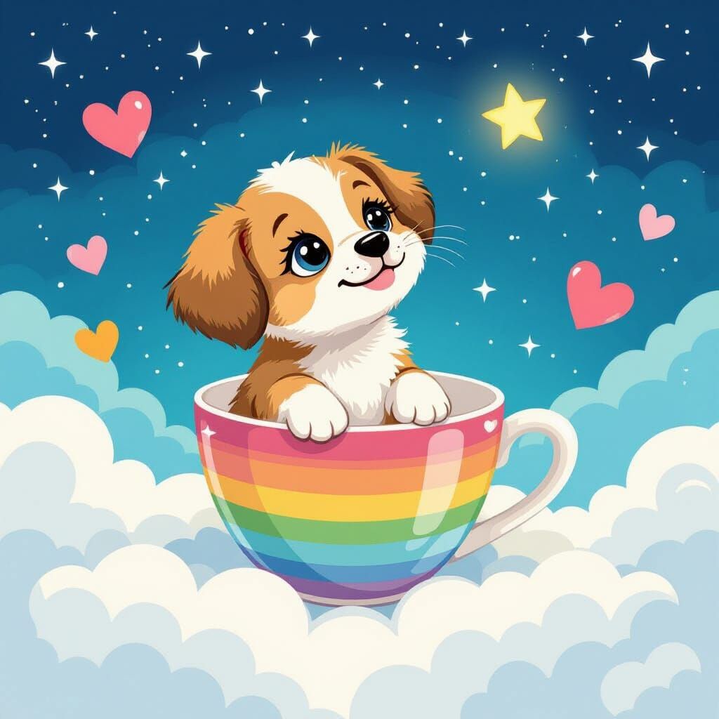 Rainbow Teacup Puppy in Starry Sky, Pop Surrealism