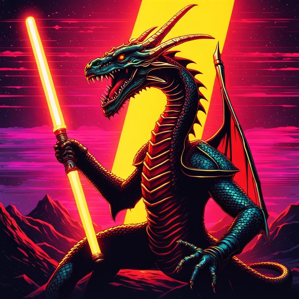 Golden Dragon Attacks Sith Warrior in Synthwave Style